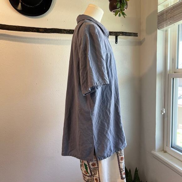 Vintage 90s Blue Textured Silk Button Front Short Sleeve Oversized Shirt Size XL - Picture 3 of 9
